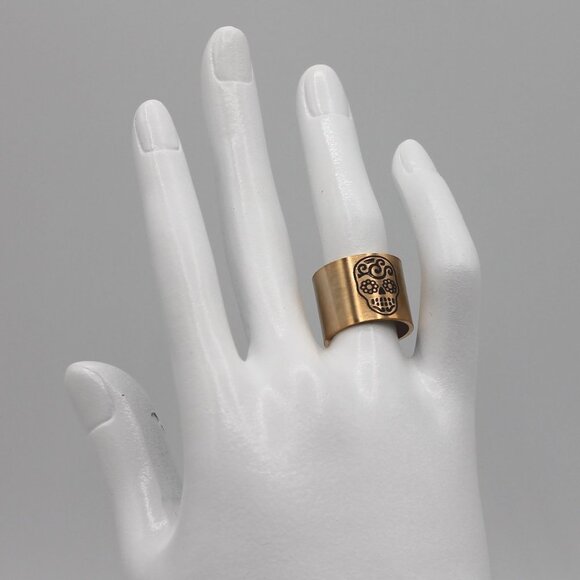 Jewelry ring band wide size 6.5 adjustable skull Dia de Muertos rose gold tone - Picture 5 of 7